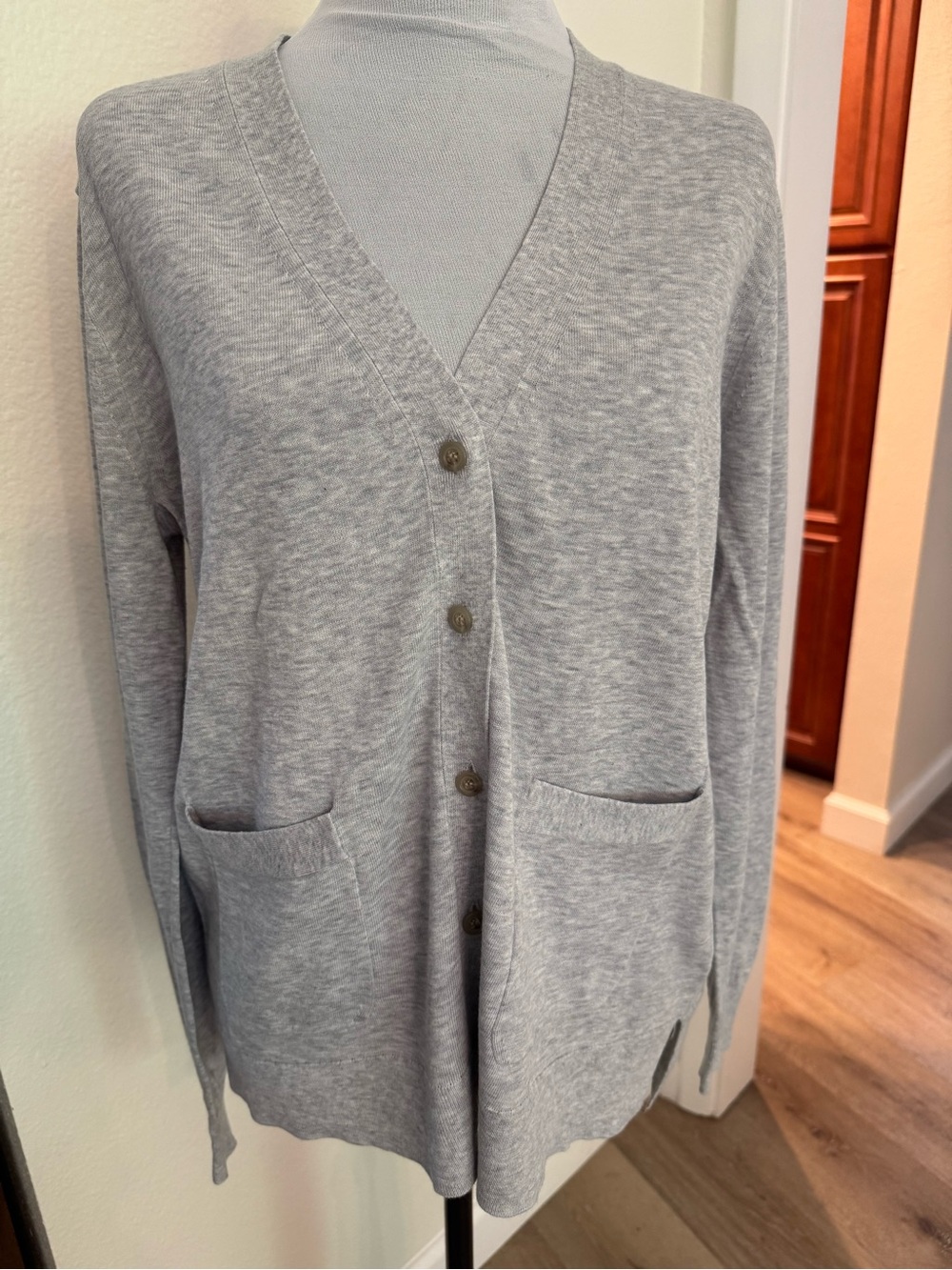Lt. Gray V-Neck Button Front Women's Cardigan Sweater 100% Cotton. Lightweight.